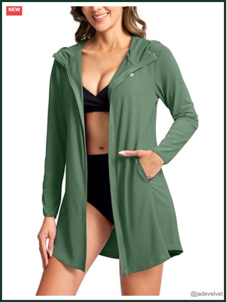 Upf50+ Swim Cover Up Sun Protection Hoodie Long Uv Jacket Lightweight Full Zip